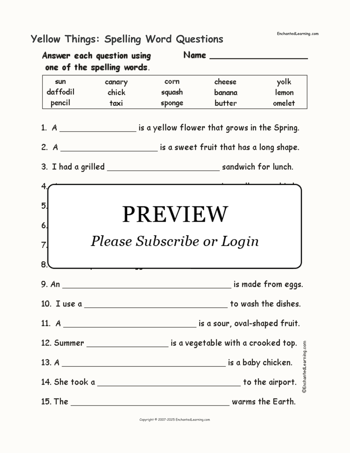 Yellow Things: Spelling Word Questions interactive worksheet page 1