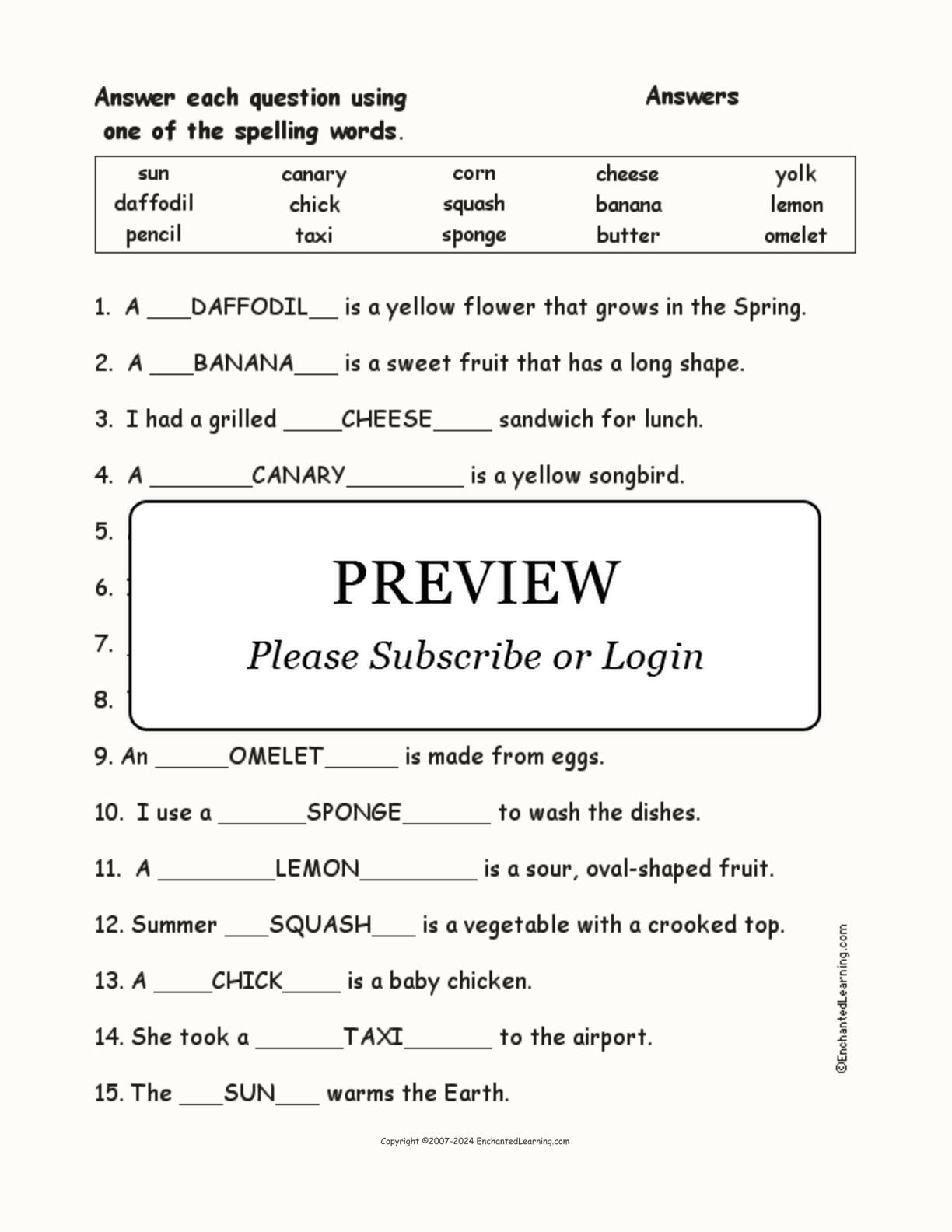 Yellow Things: Spelling Word Questions interactive worksheet page 2