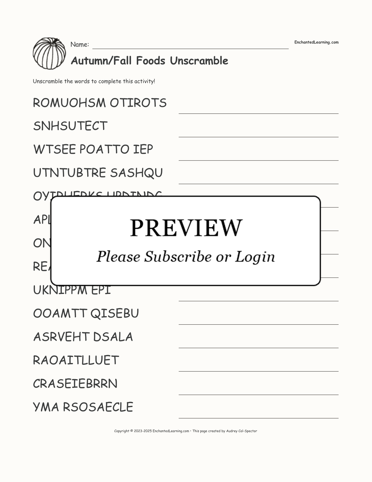 Autumn/Fall Foods Unscramble interactive worksheet page 1