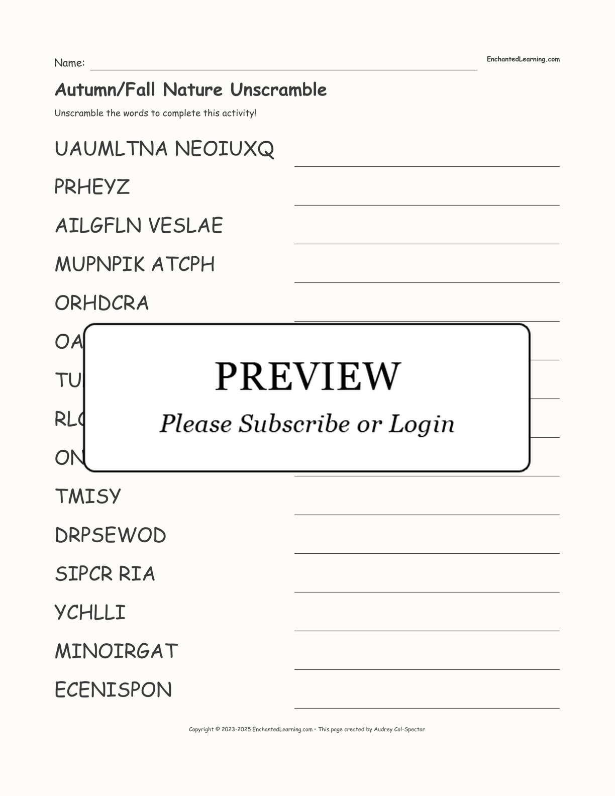 Autumn/Fall Nature Unscramble interactive worksheet page 1