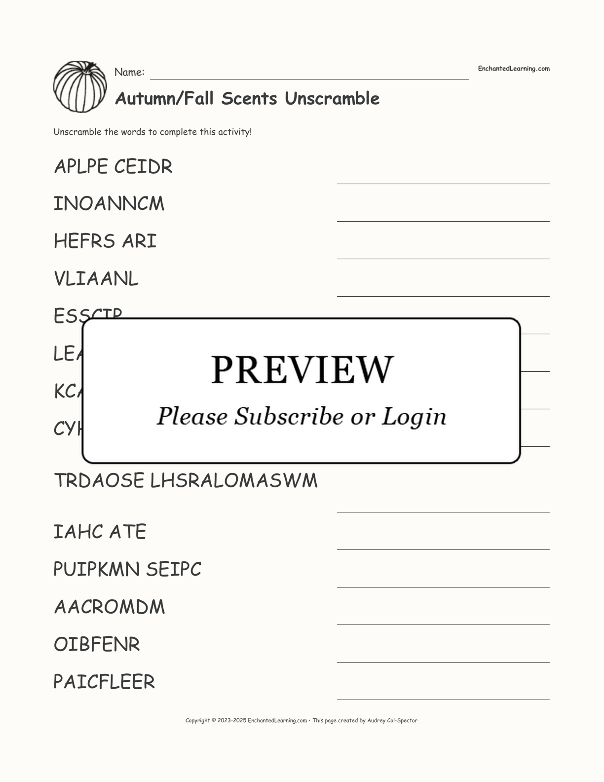 Autumn/Fall Scents Unscramble interactive worksheet page 1