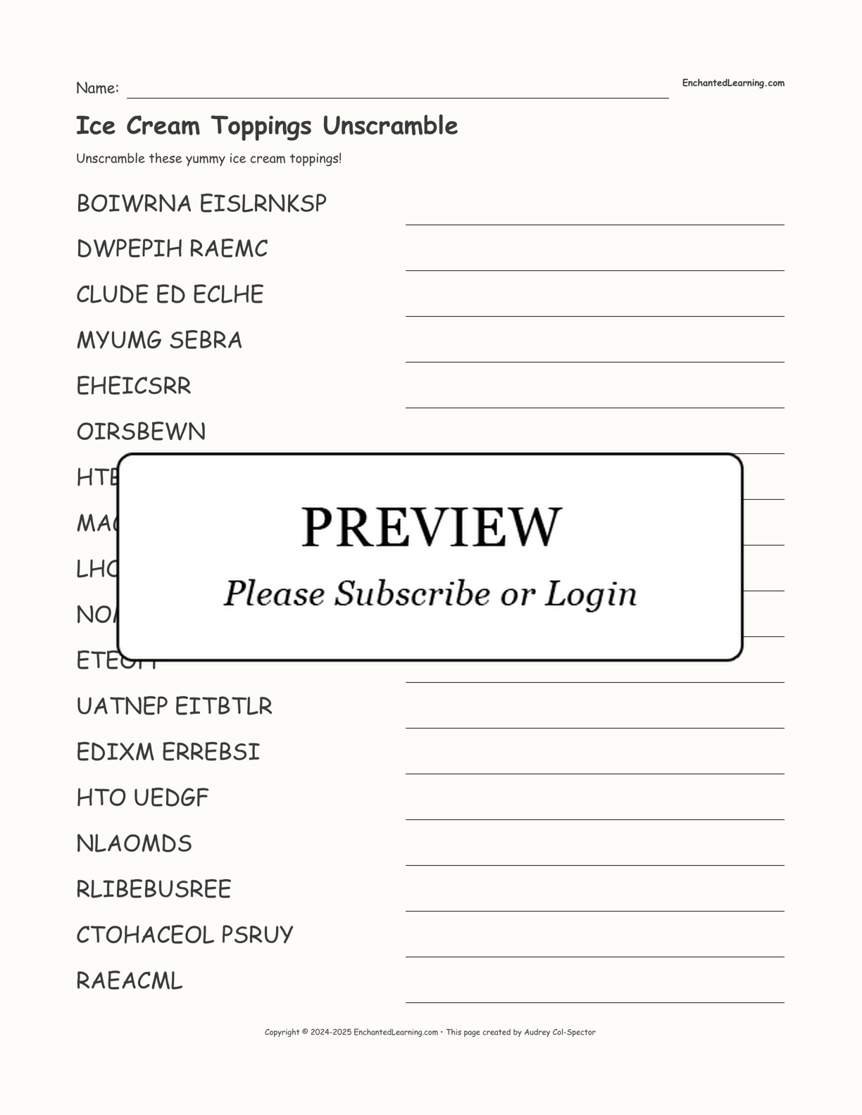 Ice Cream Toppings Unscramble interactive worksheet page 1