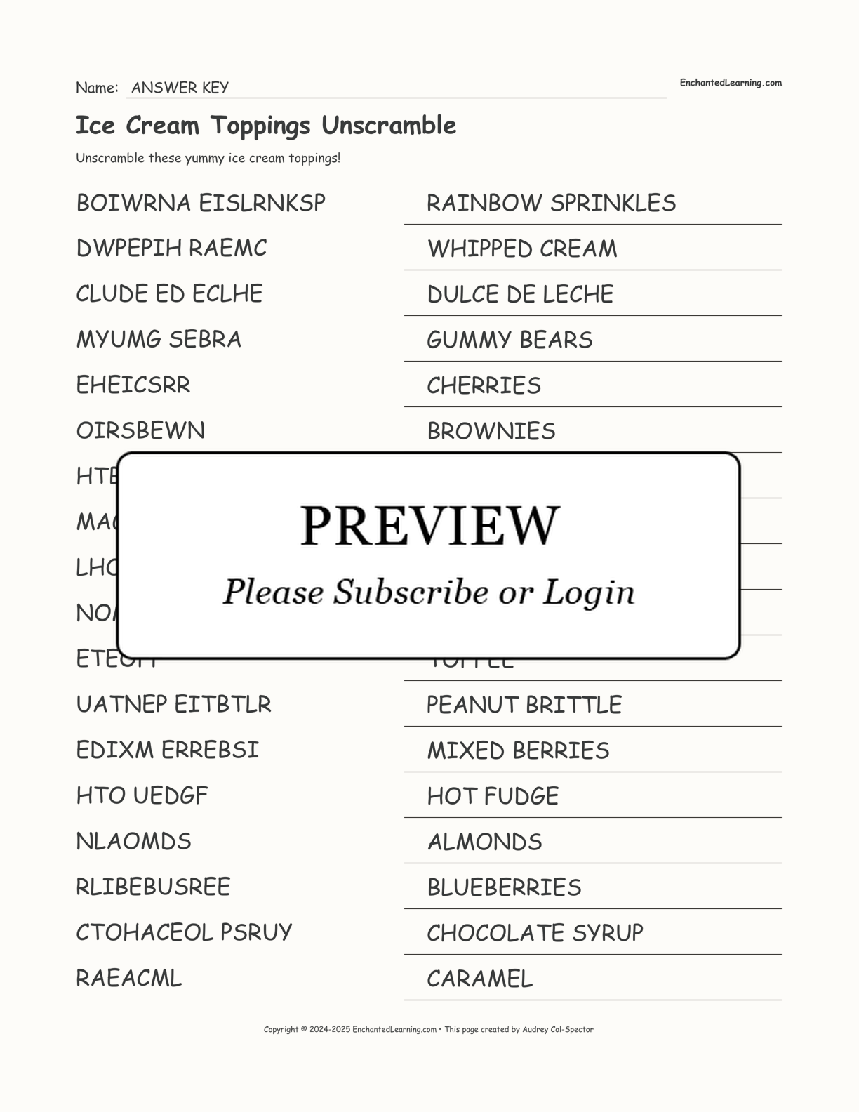 Ice Cream Toppings Unscramble interactive worksheet page 2