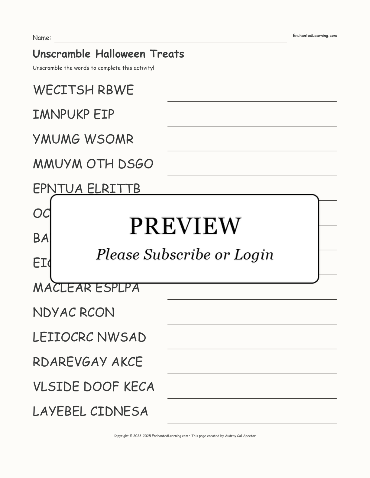 Unscramble Halloween Treats interactive worksheet page 1