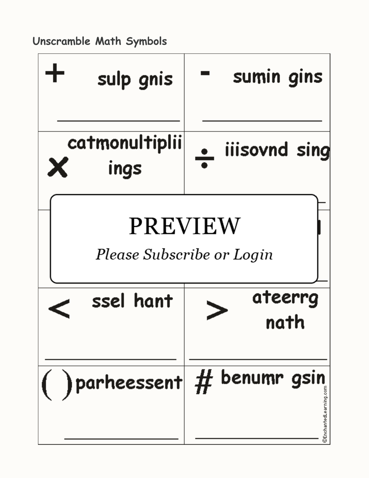 Unscramble Math Symbols interactive worksheet page 1