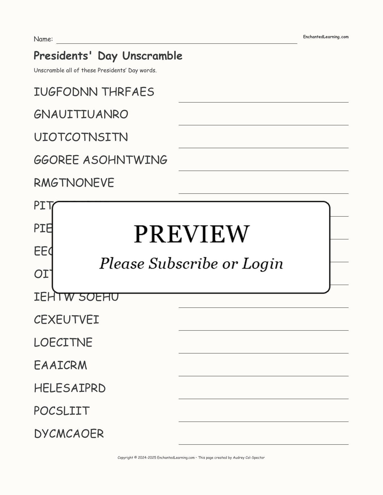 Presidents' Day Unscramble interactive worksheet page 1