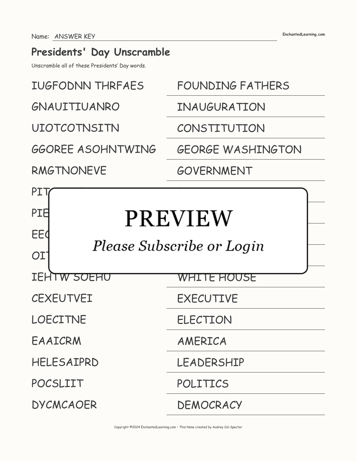 Presidents' Day Unscramble interactive worksheet page 2