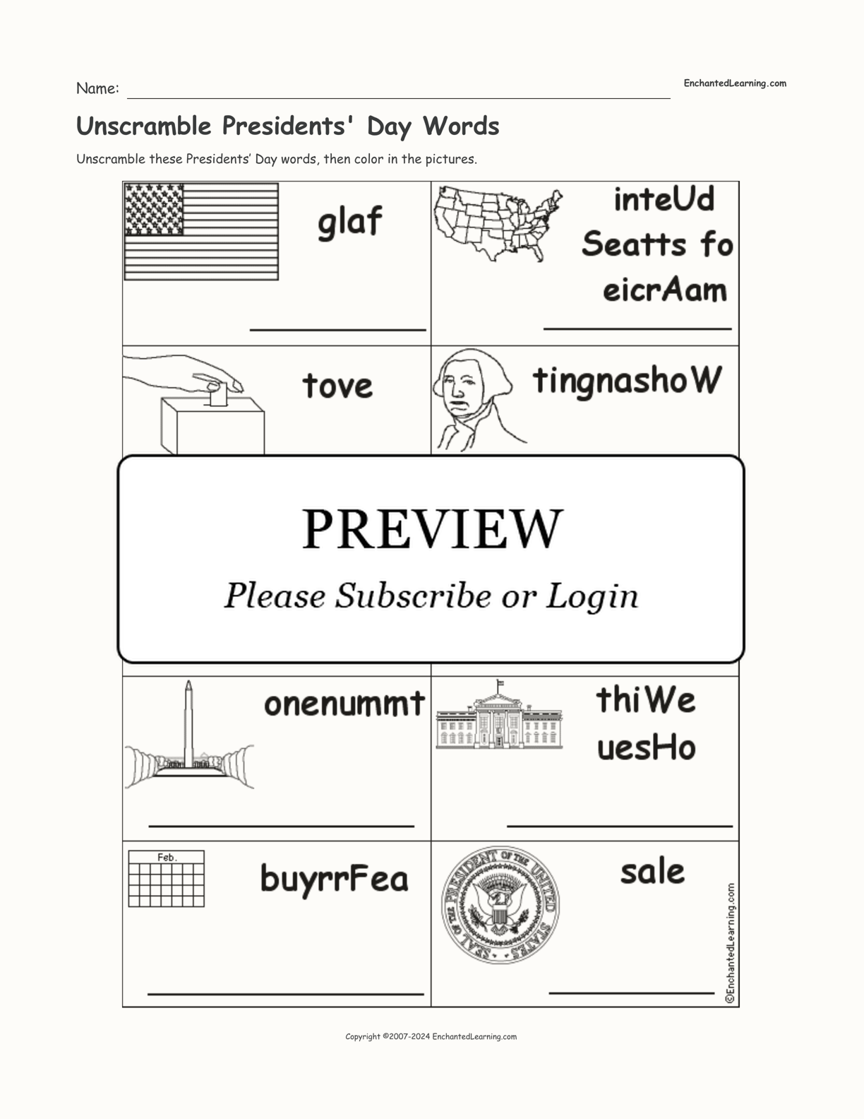 Unscramble Presidents' Day Words interactive worksheet page 1