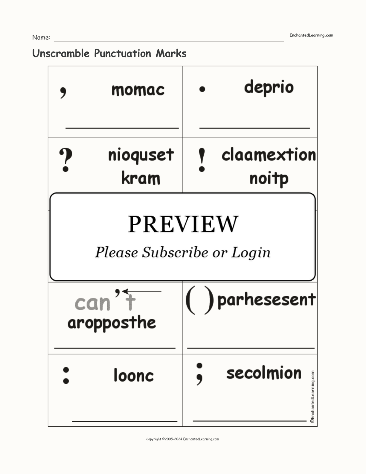 Unscramble Punctuation Marks interactive worksheet page 1