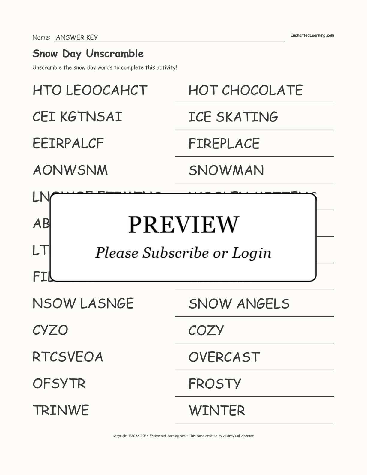 Snow Day Unscramble interactive worksheet page 2
