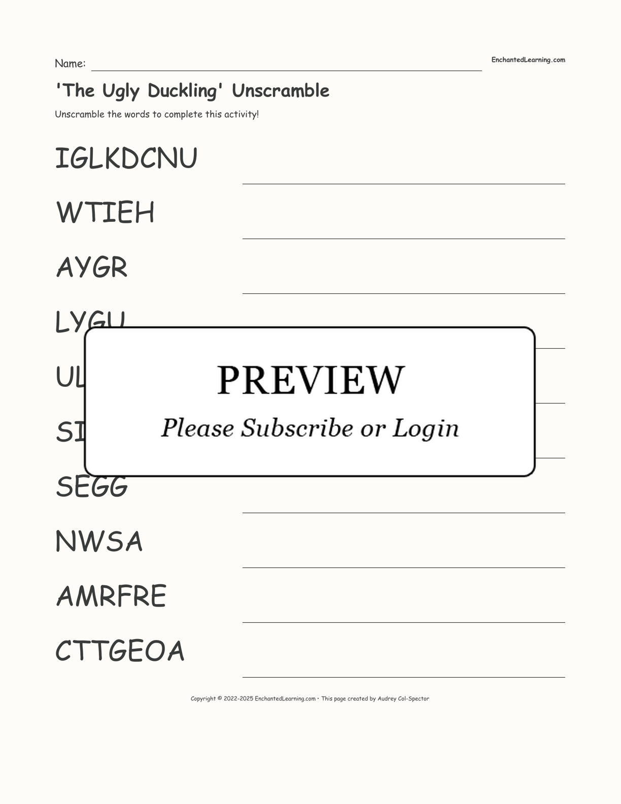 'The Ugly Duckling' Unscramble interactive worksheet page 1