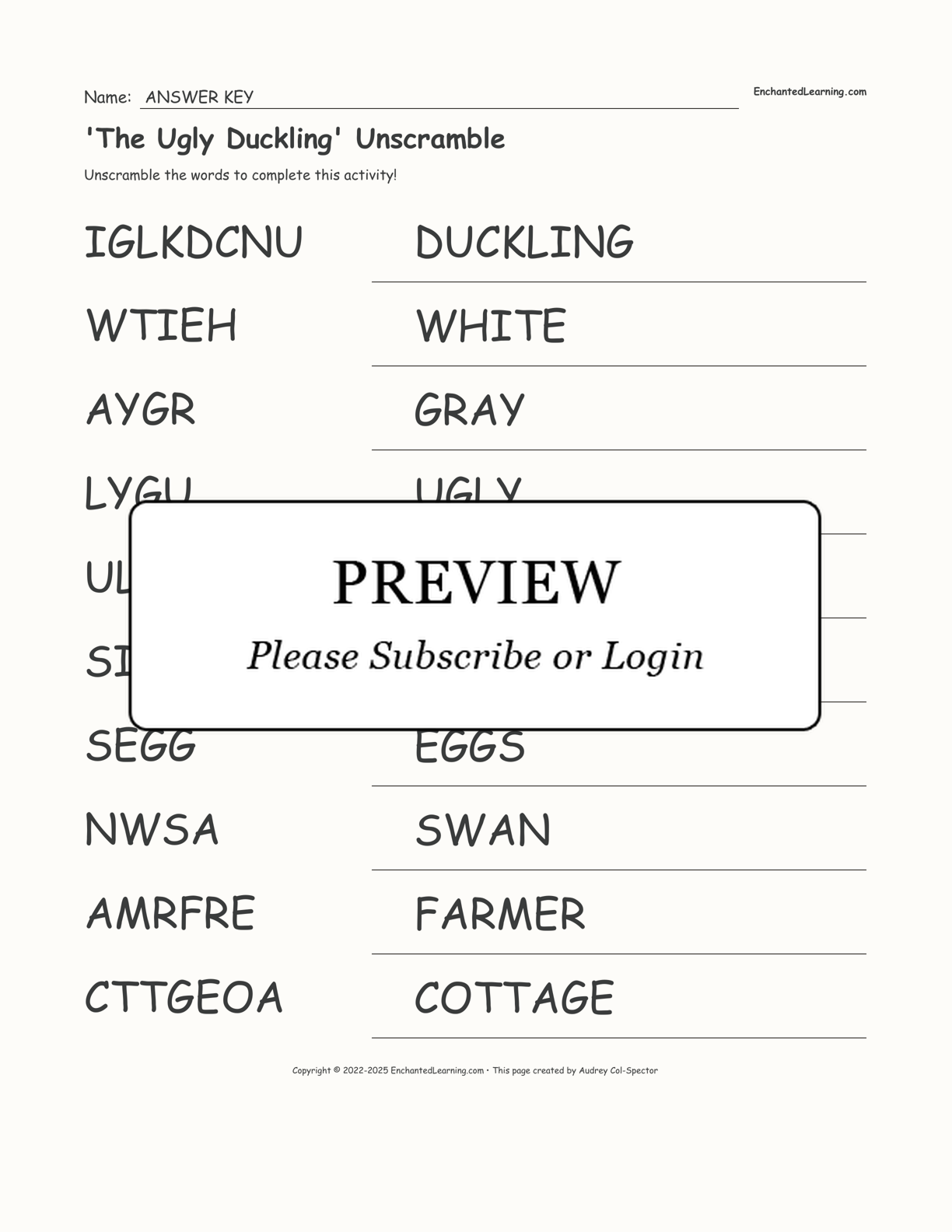 'The Ugly Duckling' Unscramble interactive worksheet page 2