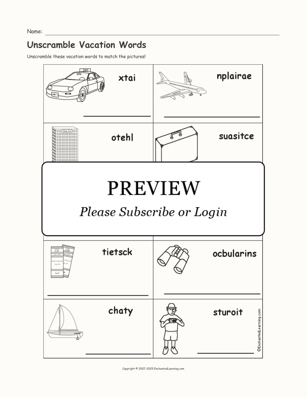 Unscramble Vacation Words interactive worksheet page 1