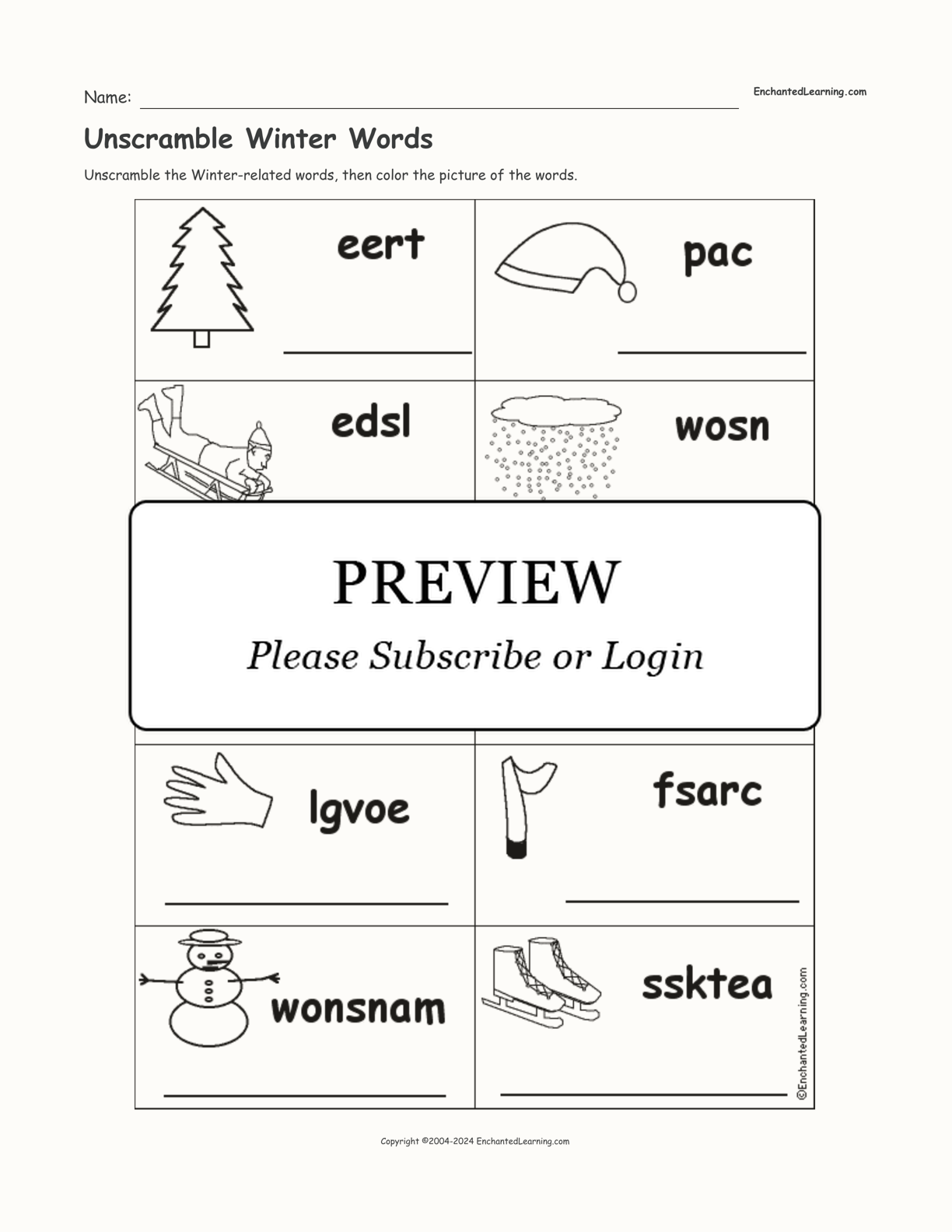 Unscramble Winter Words interactive worksheet page 1