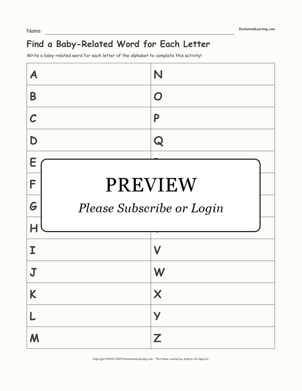 Find a Baby-Related Word for Each Letter interactive worksheet page 1