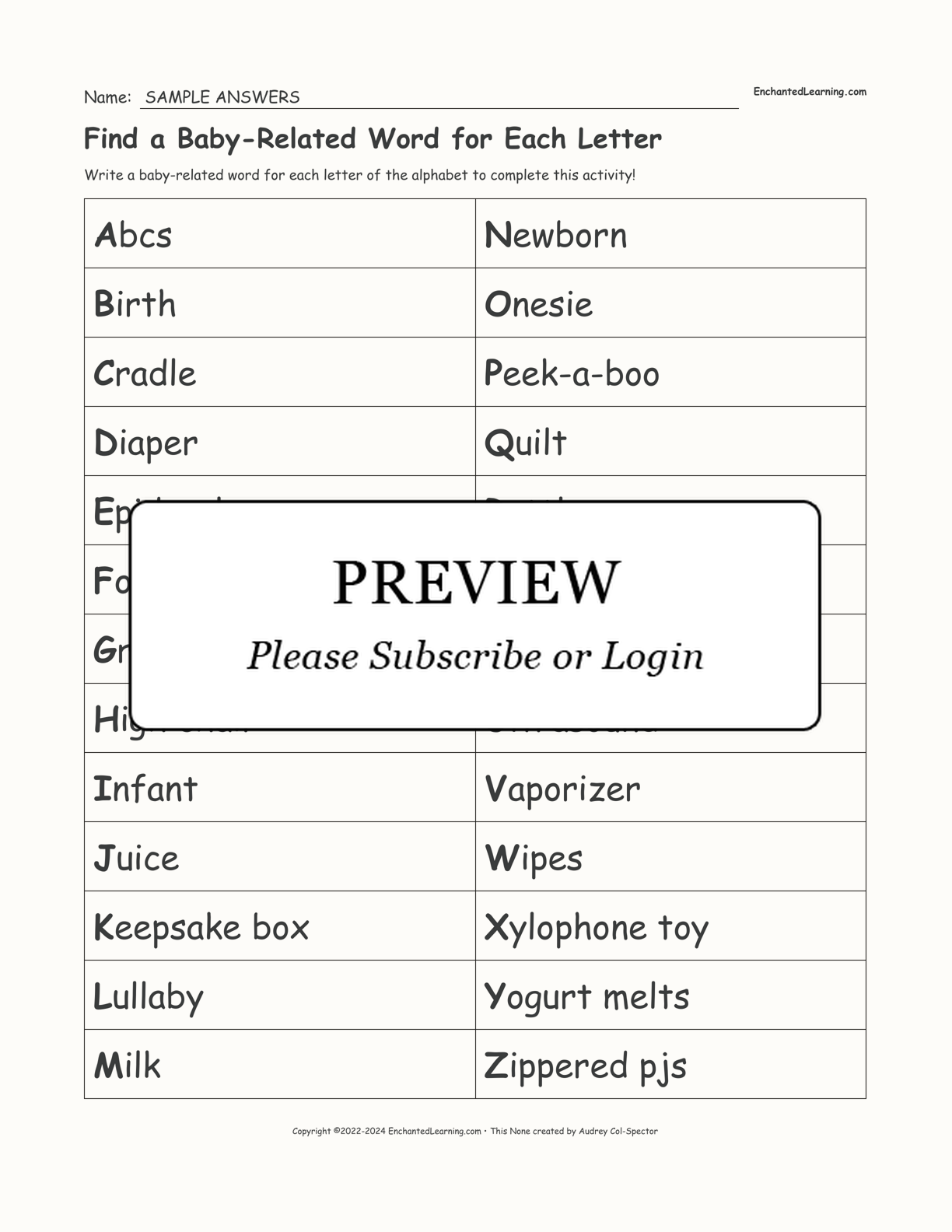 Find a Baby-Related Word for Each Letter interactive worksheet page 2