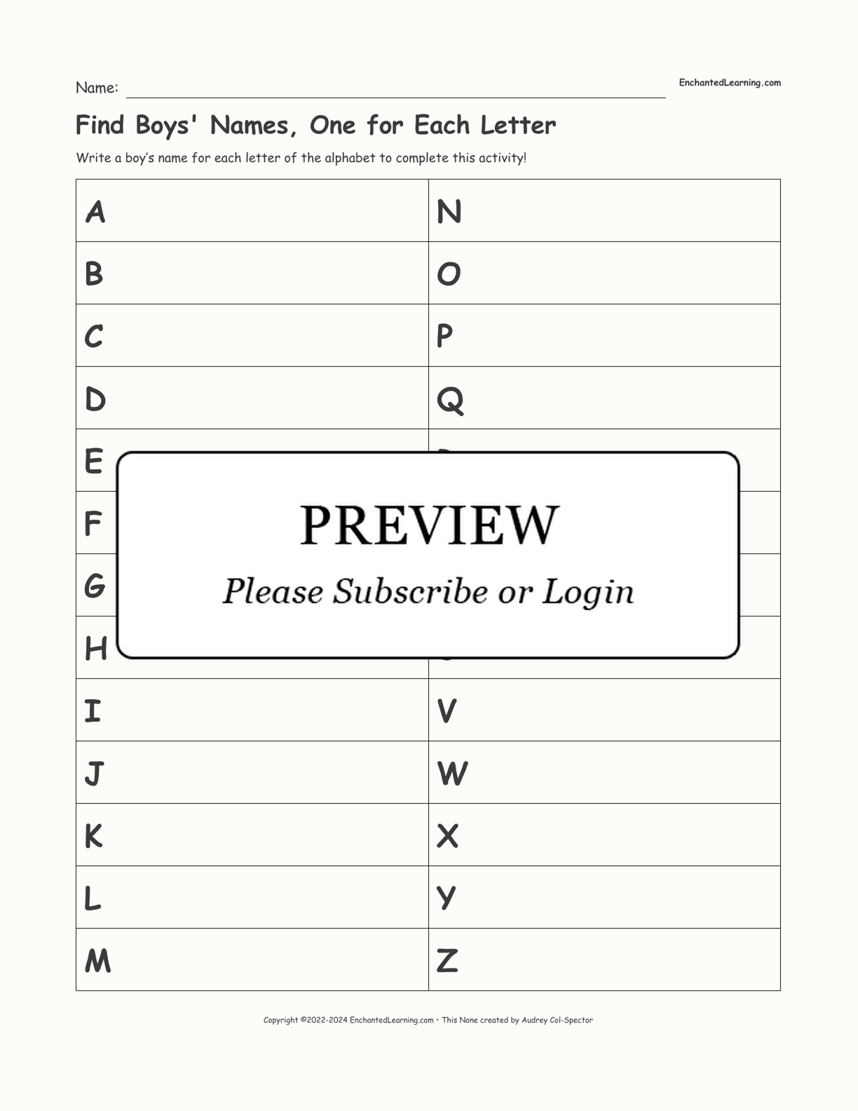 Find Boys' Names, One for Each Letter interactive worksheet page 1