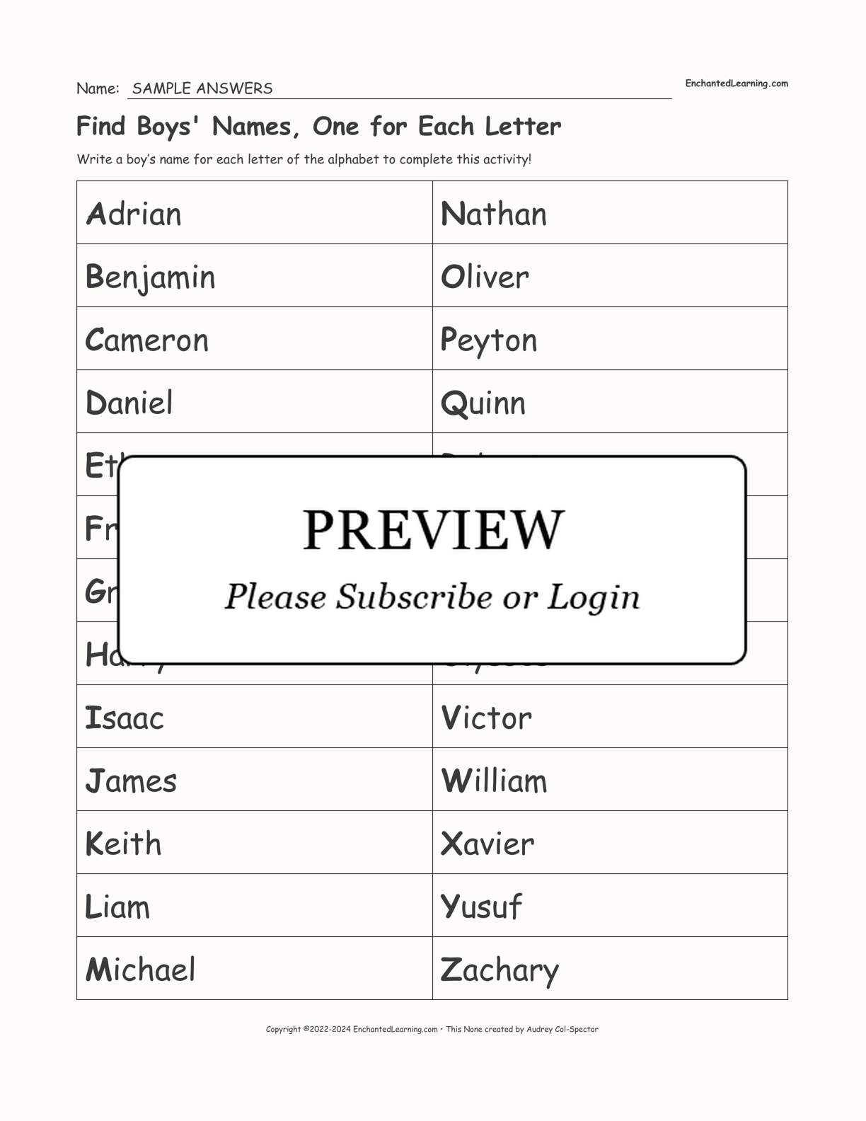 Find Boys' Names, One for Each Letter interactive worksheet page 2