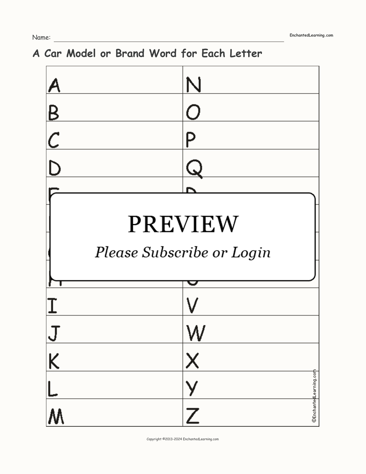 A Car Model or Brand Word for Each Letter interactive worksheet page 1