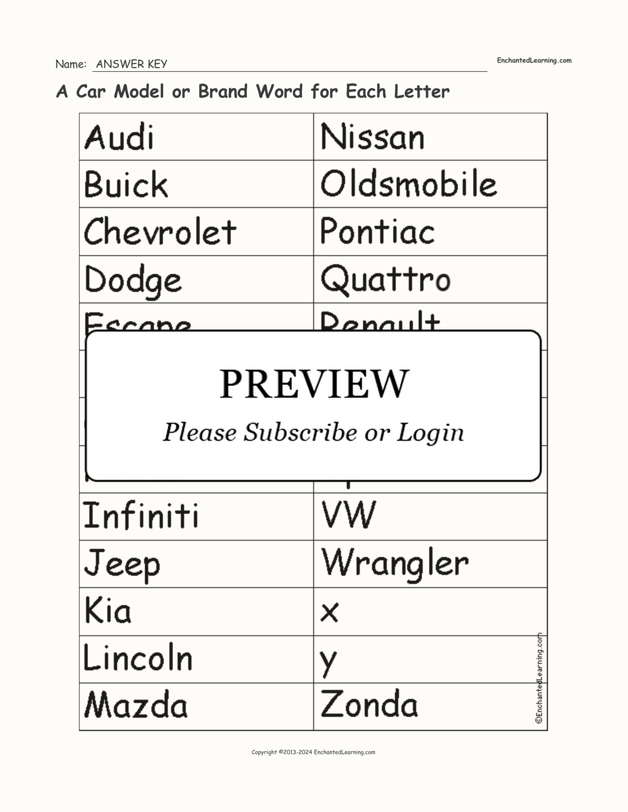 A Car Model or Brand Word for Each Letter interactive worksheet page 2