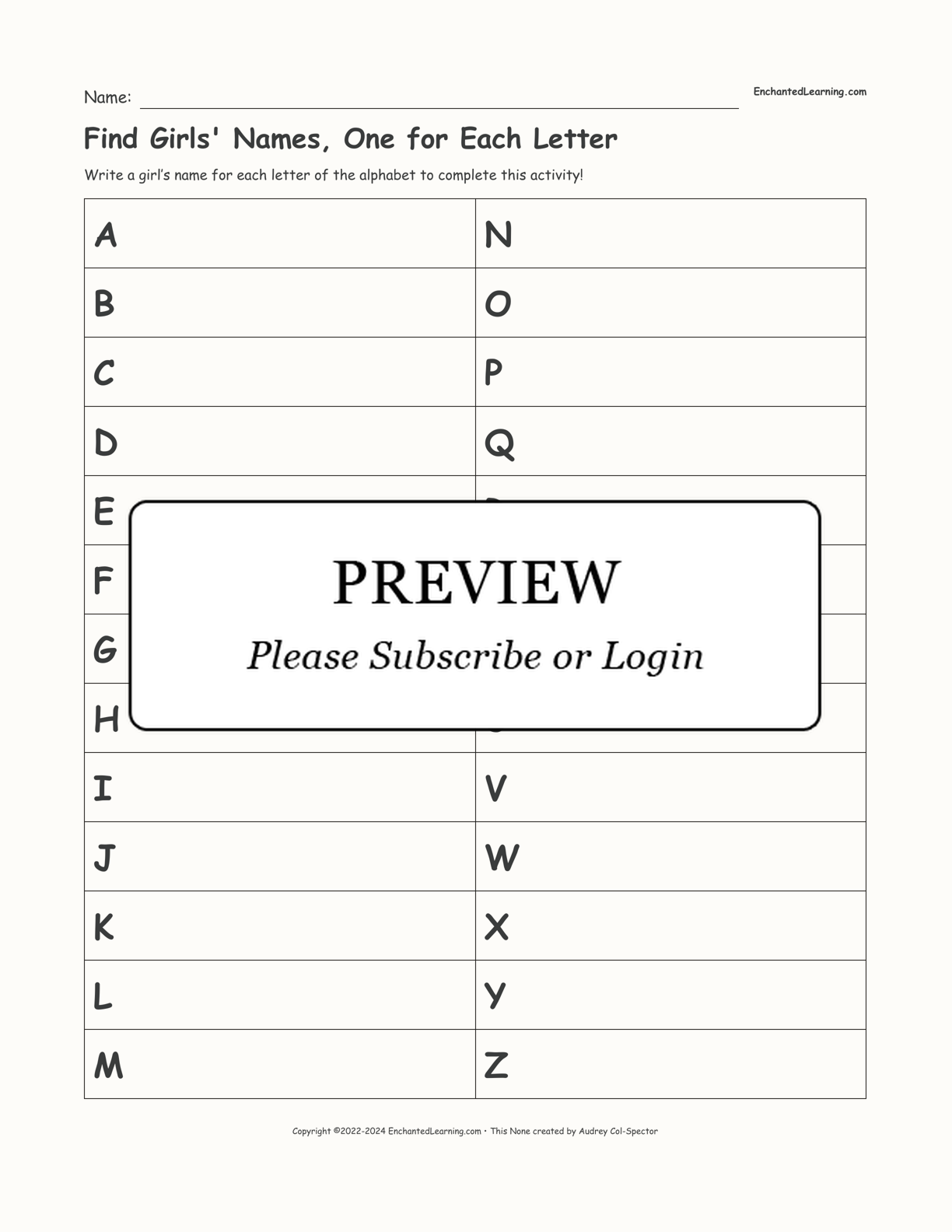 Find Girls' Names, One for Each Letter interactive worksheet page 1