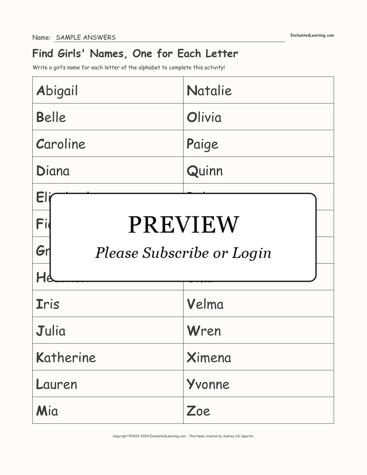 Find Girls' Names, One for Each Letter interactive worksheet page 2