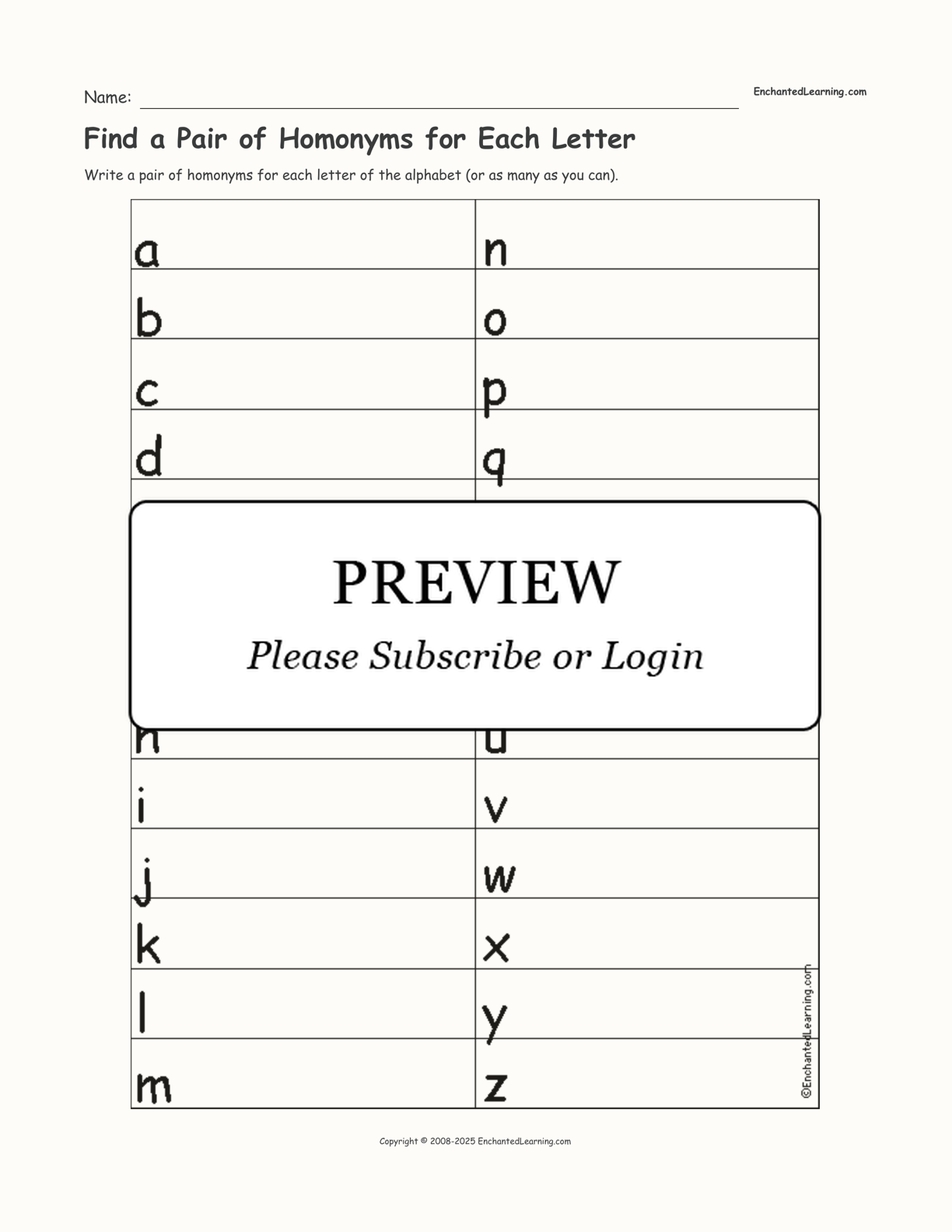 Find a Pair of Homonyms for Each Letter interactive worksheet page 1