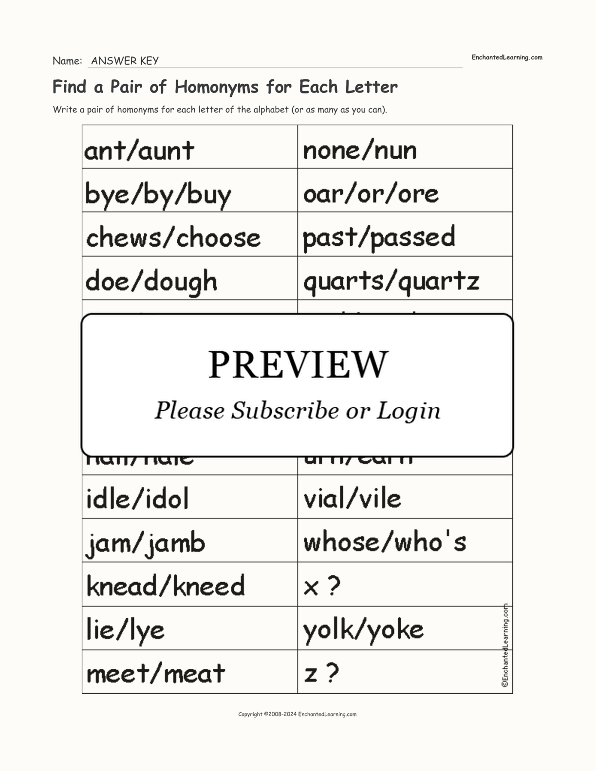 Find a Pair of Homonyms for Each Letter interactive worksheet page 2