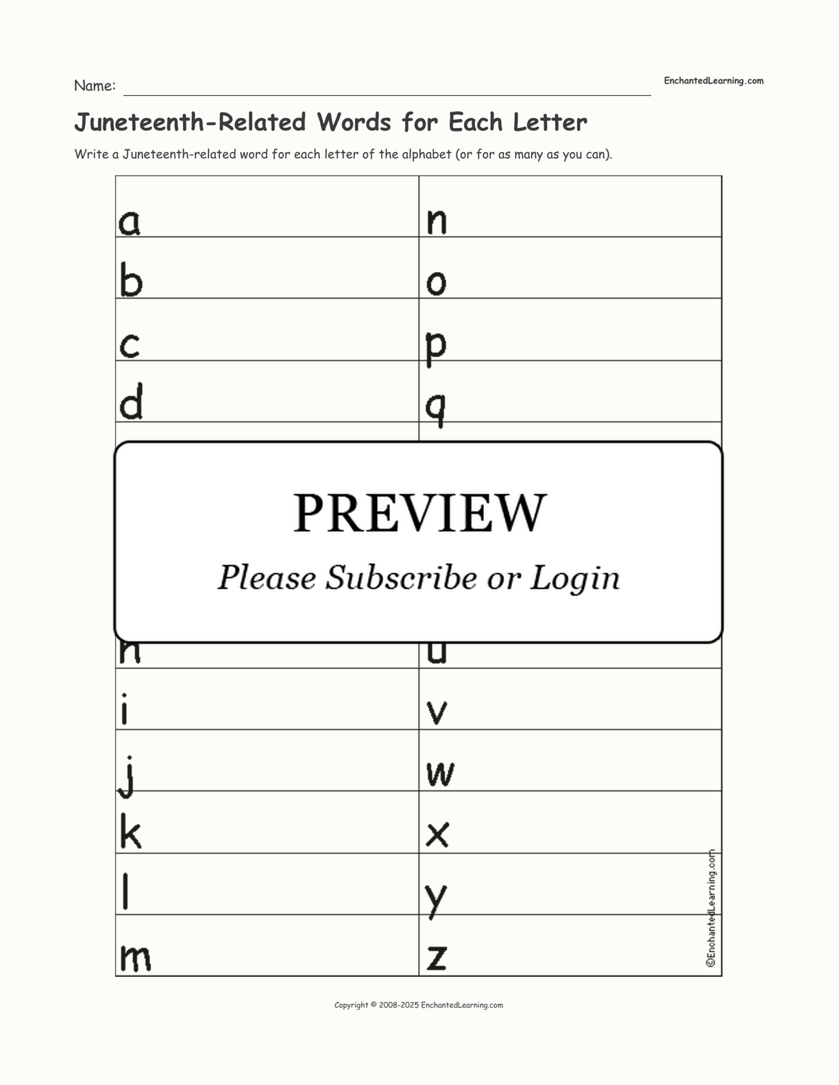 Juneteenth-Related Words for Each Letter interactive worksheet page 1