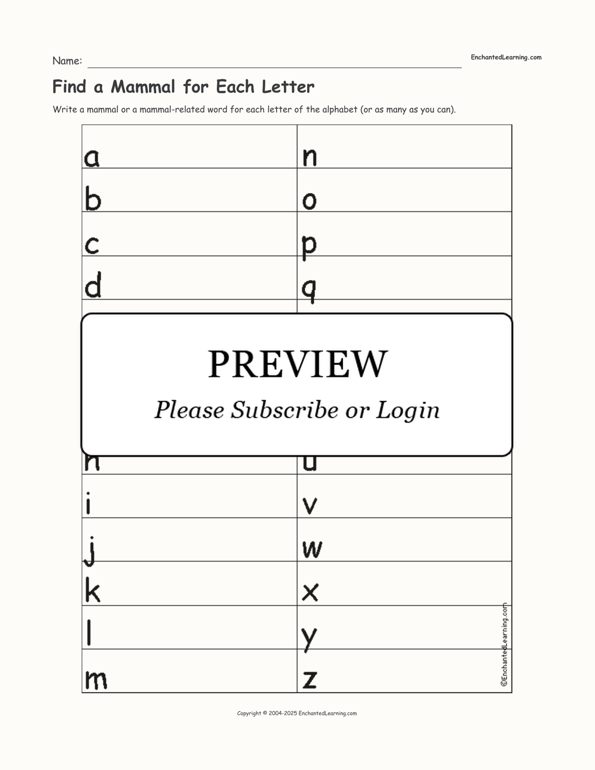 Find a Mammal for Each Letter interactive worksheet page 1