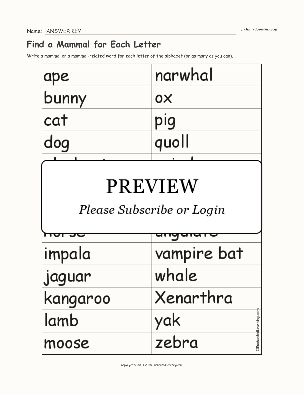 Find a Mammal for Each Letter interactive worksheet page 2