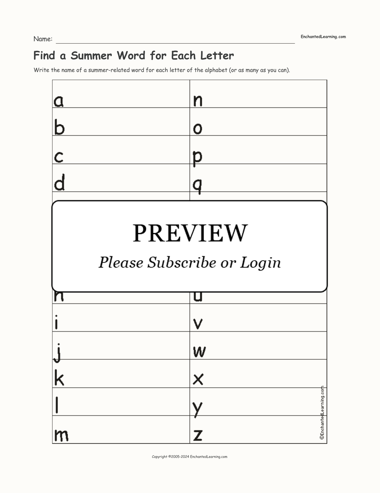 Find a Summer Word for Each Letter interactive worksheet page 1