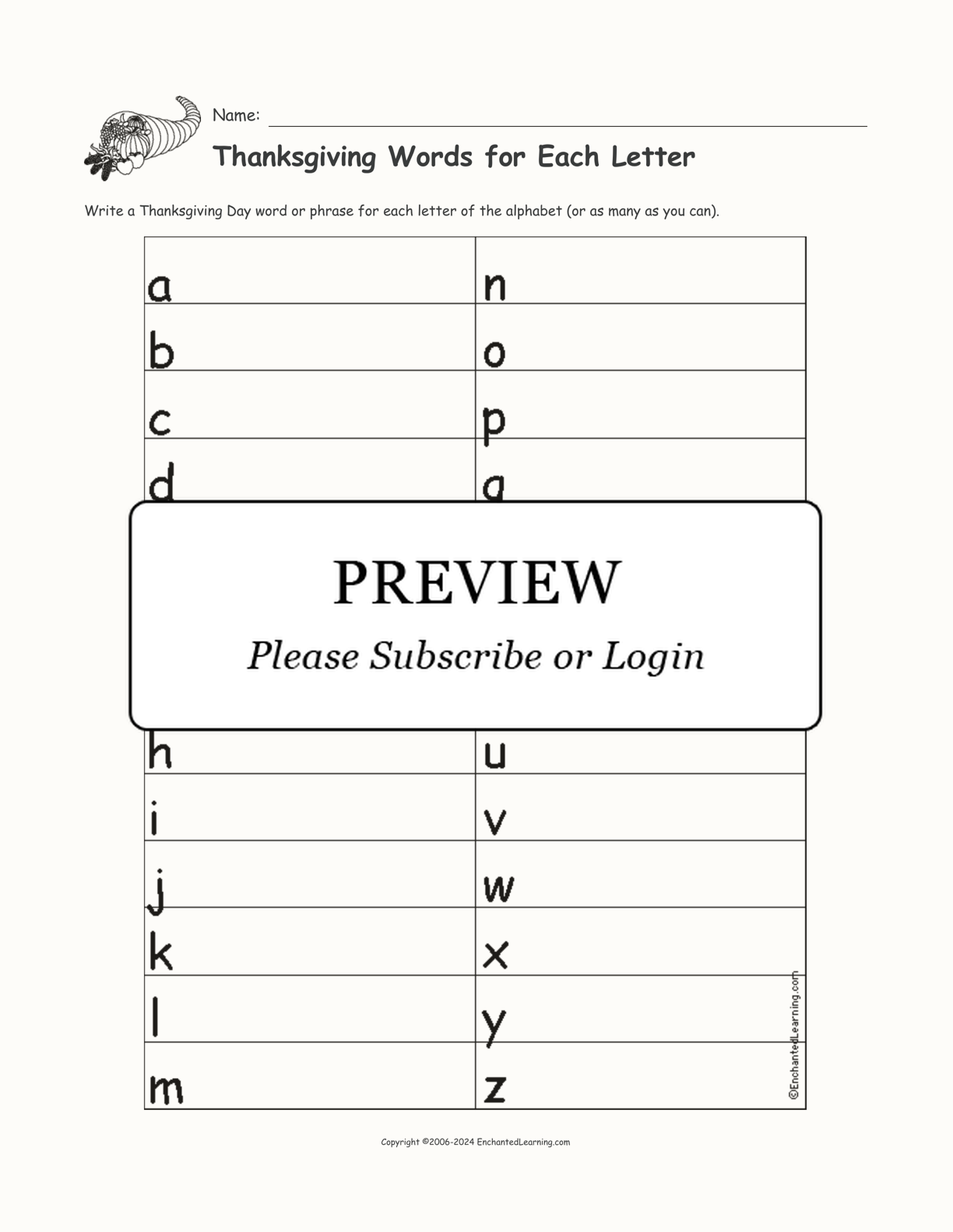 Thanksgiving Words for Each Letter interactive worksheet page 1