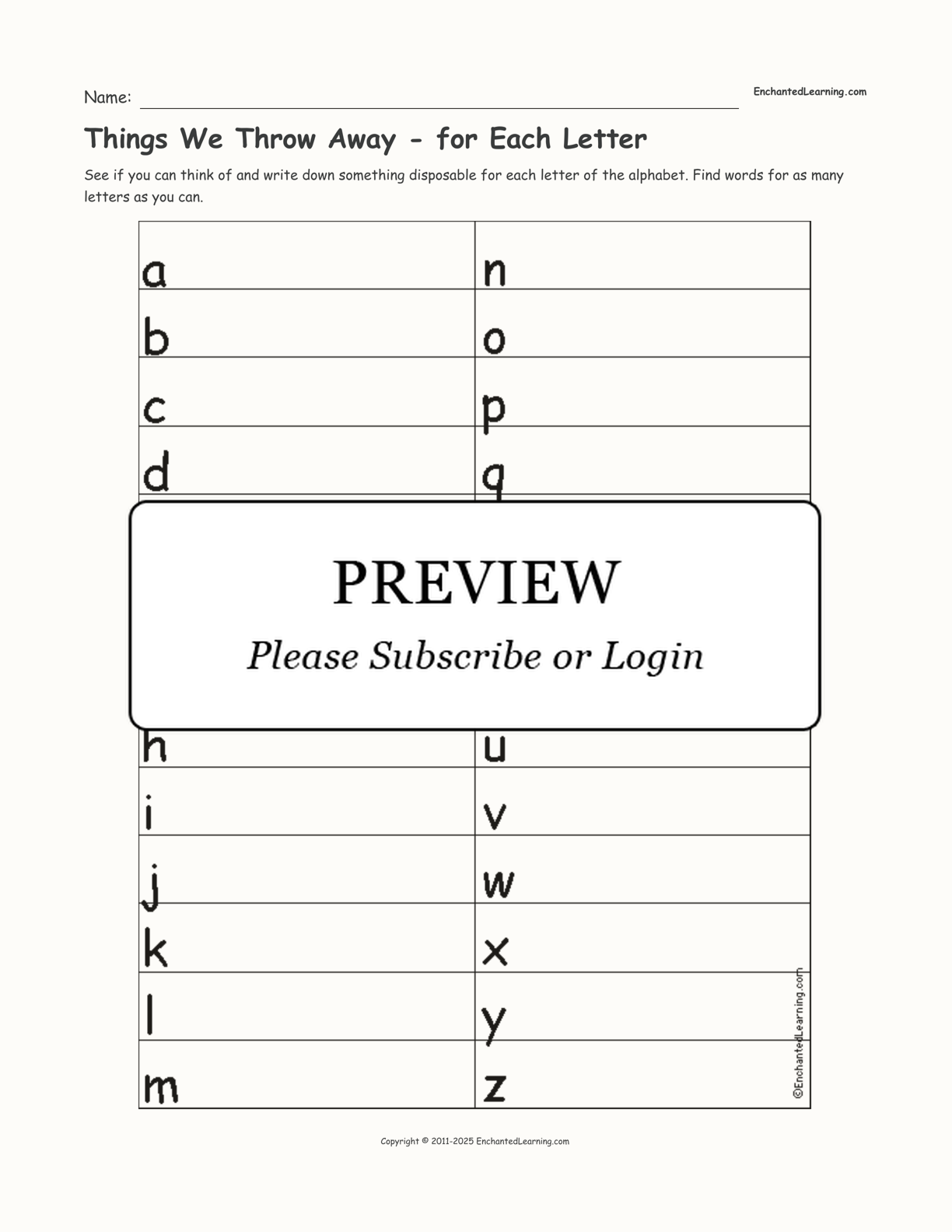 Things We Throw Away - for Each Letter interactive worksheet page 1