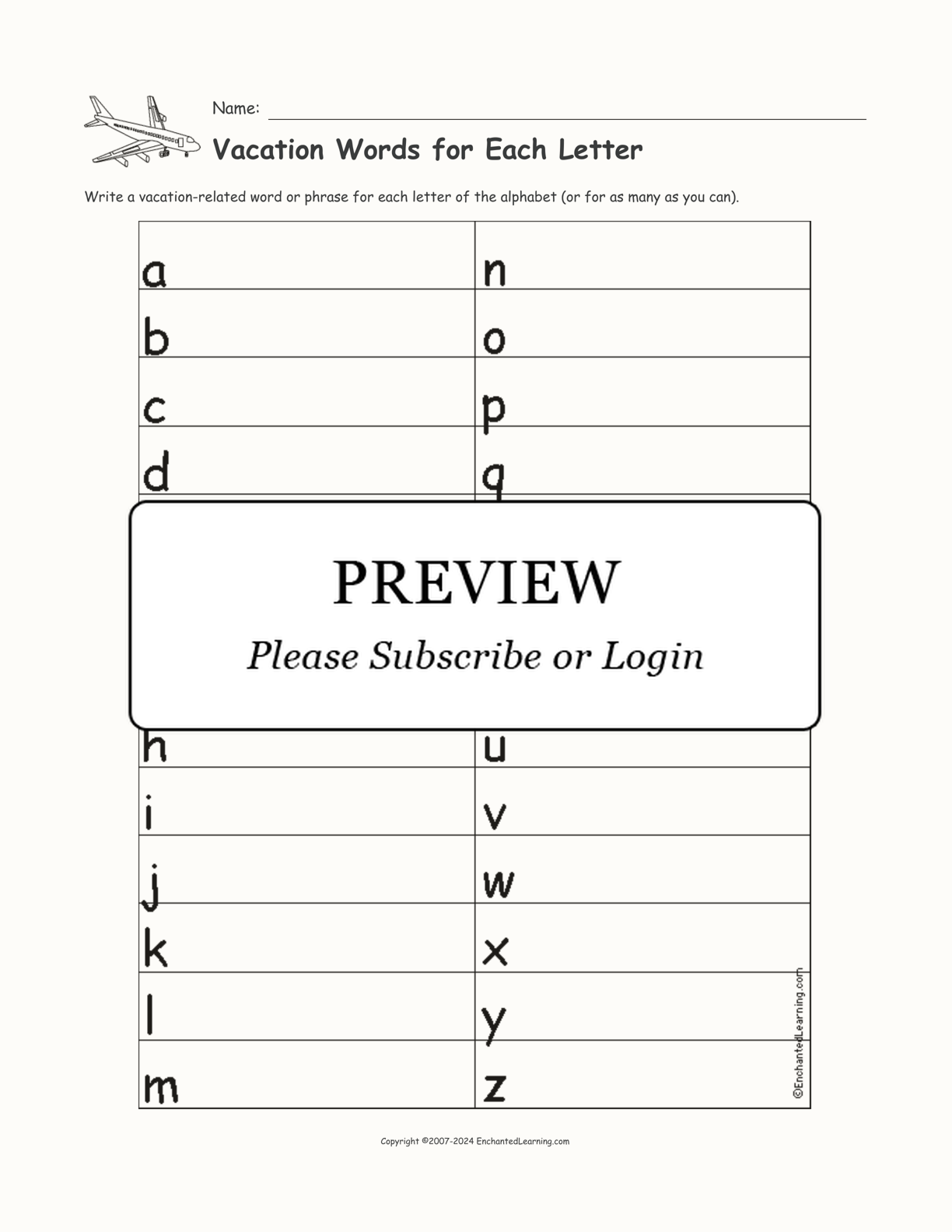 Vacation Words for Each Letter interactive worksheet page 1