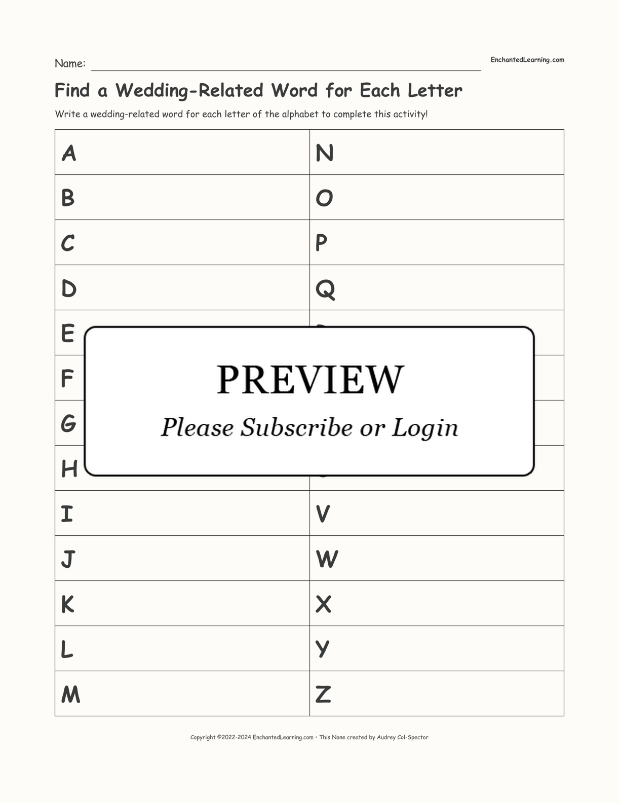 Find a Wedding-Related Word for Each Letter interactive worksheet page 1
