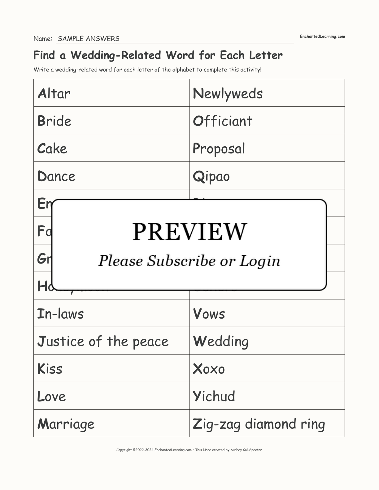 Find a Wedding-Related Word for Each Letter interactive worksheet page 2