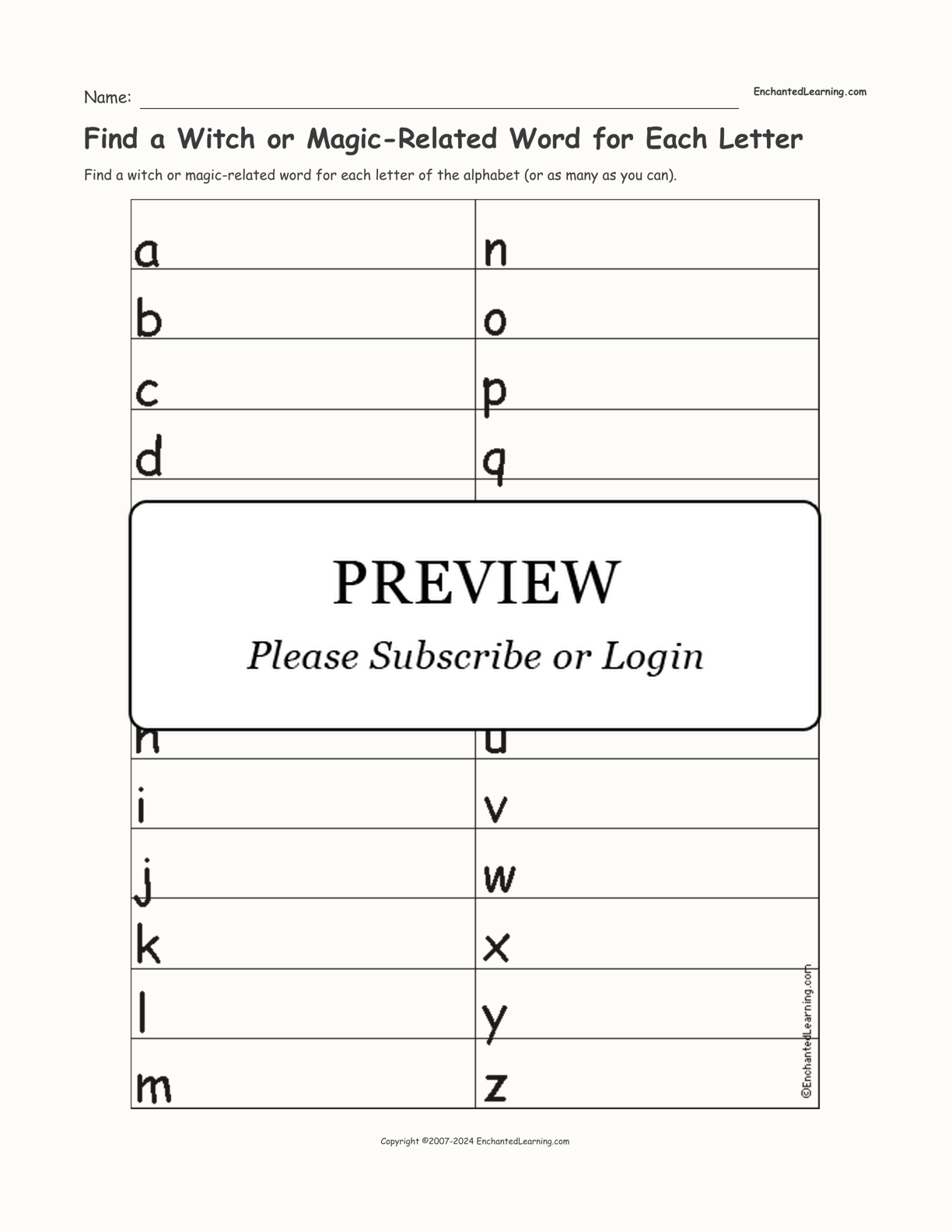 Find a Witch or Magic-Related Word for Each Letter interactive worksheet page 1