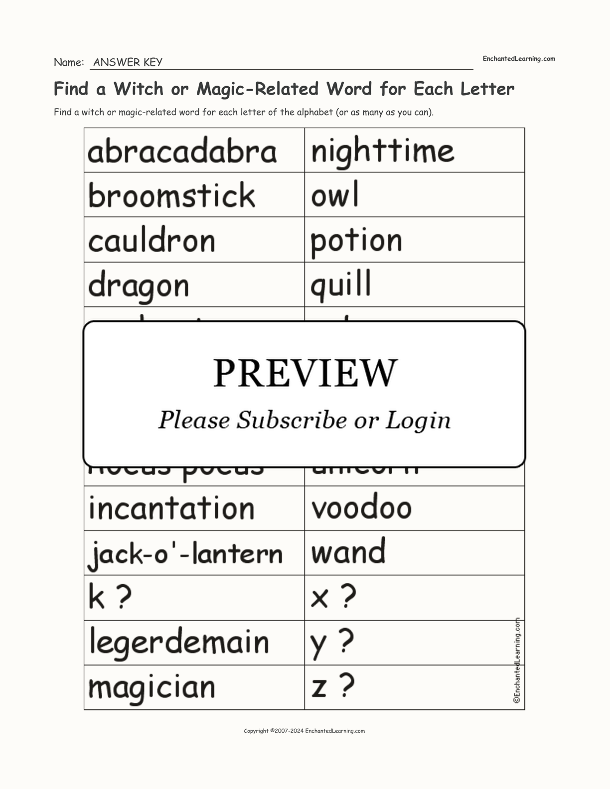 Find a Witch or Magic-Related Word for Each Letter interactive worksheet page 2