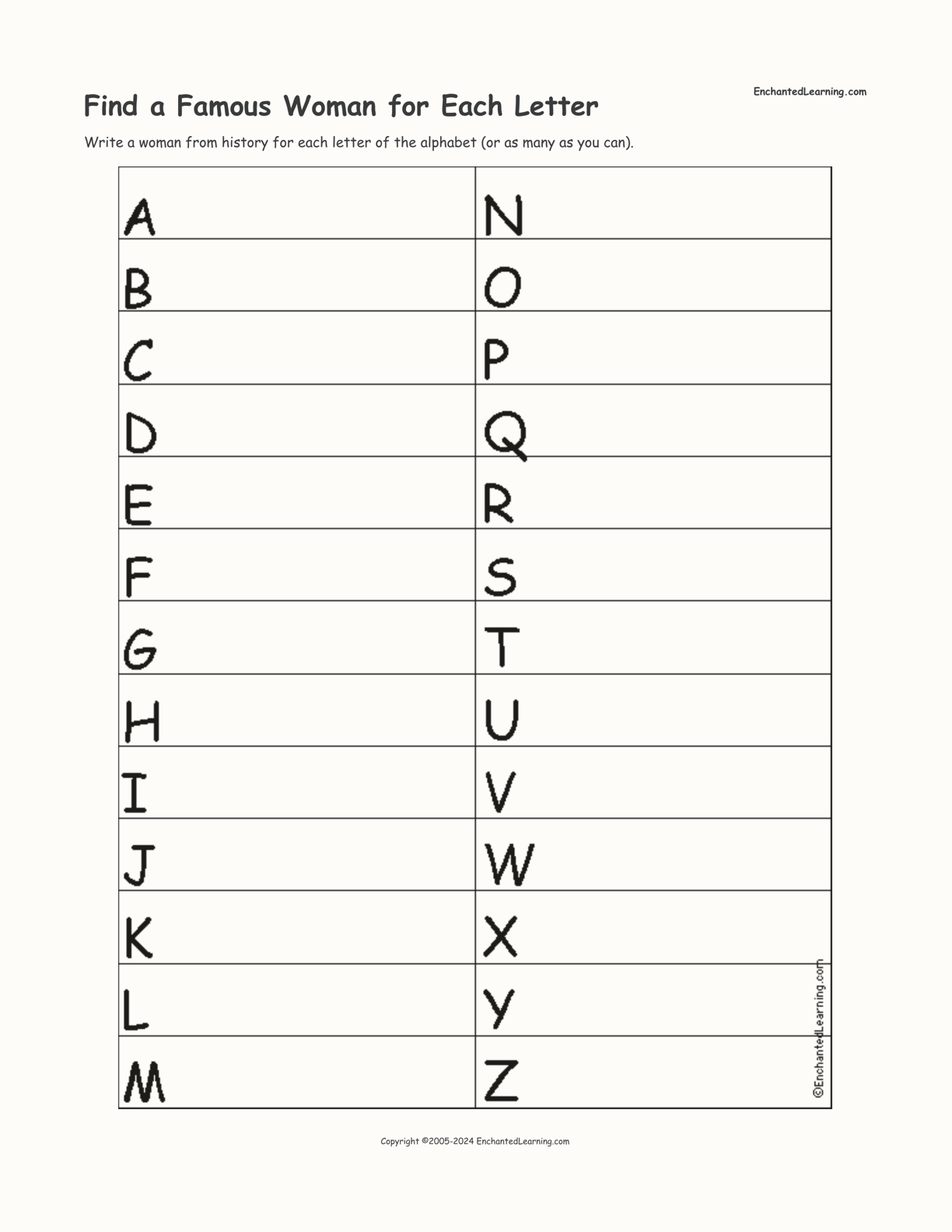 Find a Famous Woman for Each Letter interactive worksheet page 1