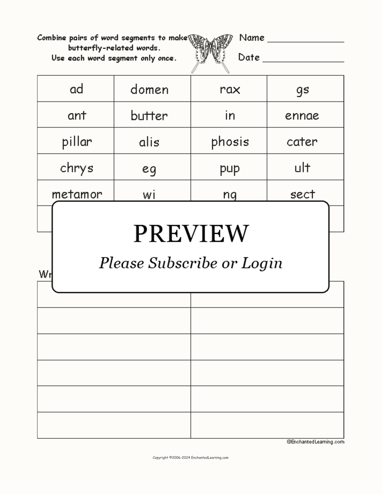 Butterfly Word Pieces Puzzle interactive worksheet page 1