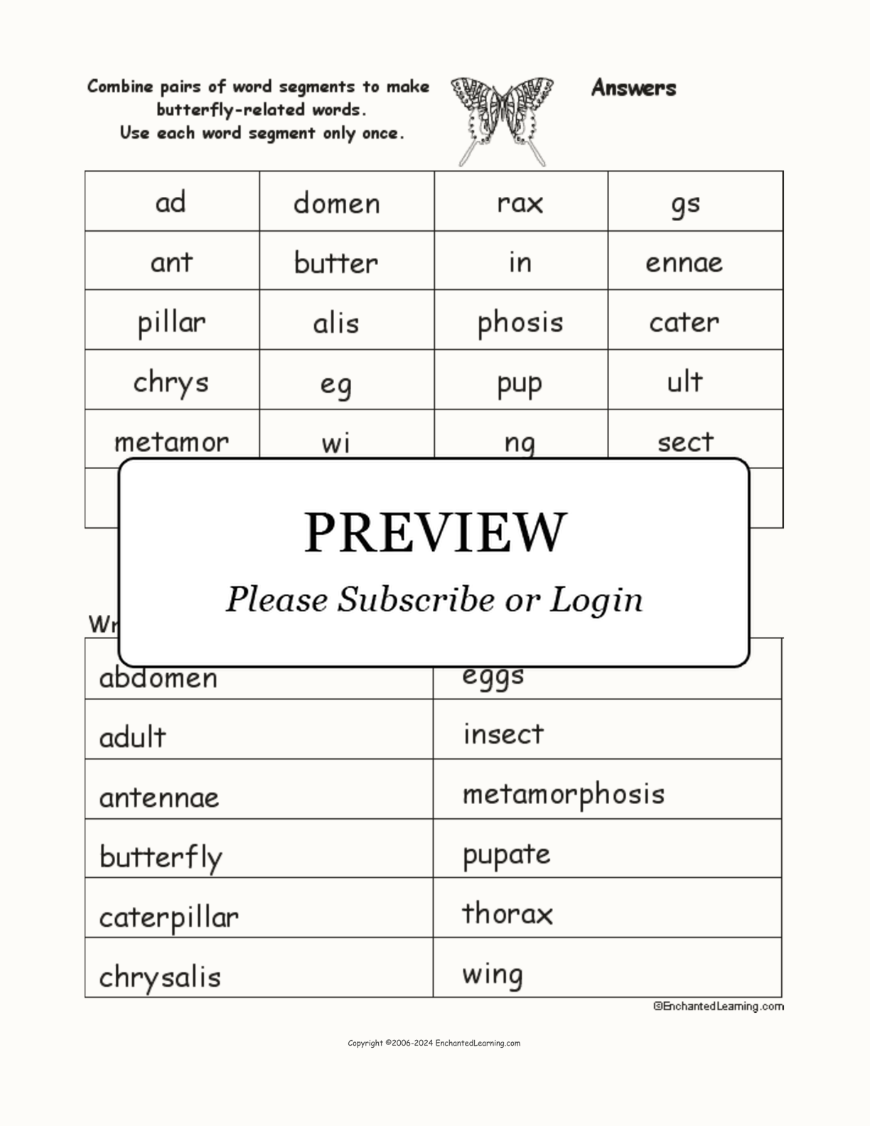 Butterfly Word Pieces Puzzle interactive worksheet page 2