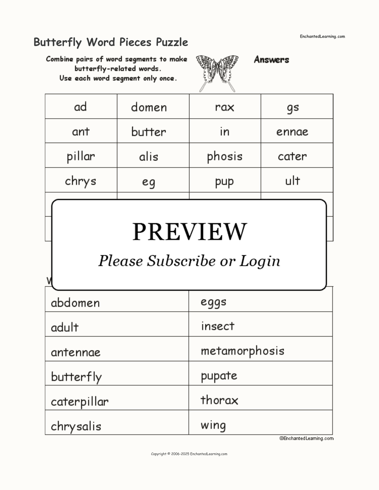 Butterfly Word Pieces Puzzle interactive worksheet page 2