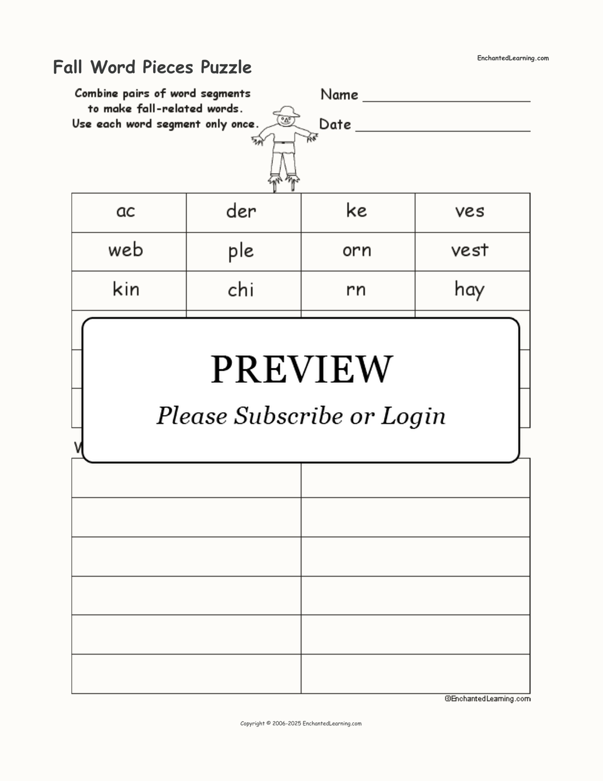 Fall Word Pieces Puzzle interactive worksheet page 1