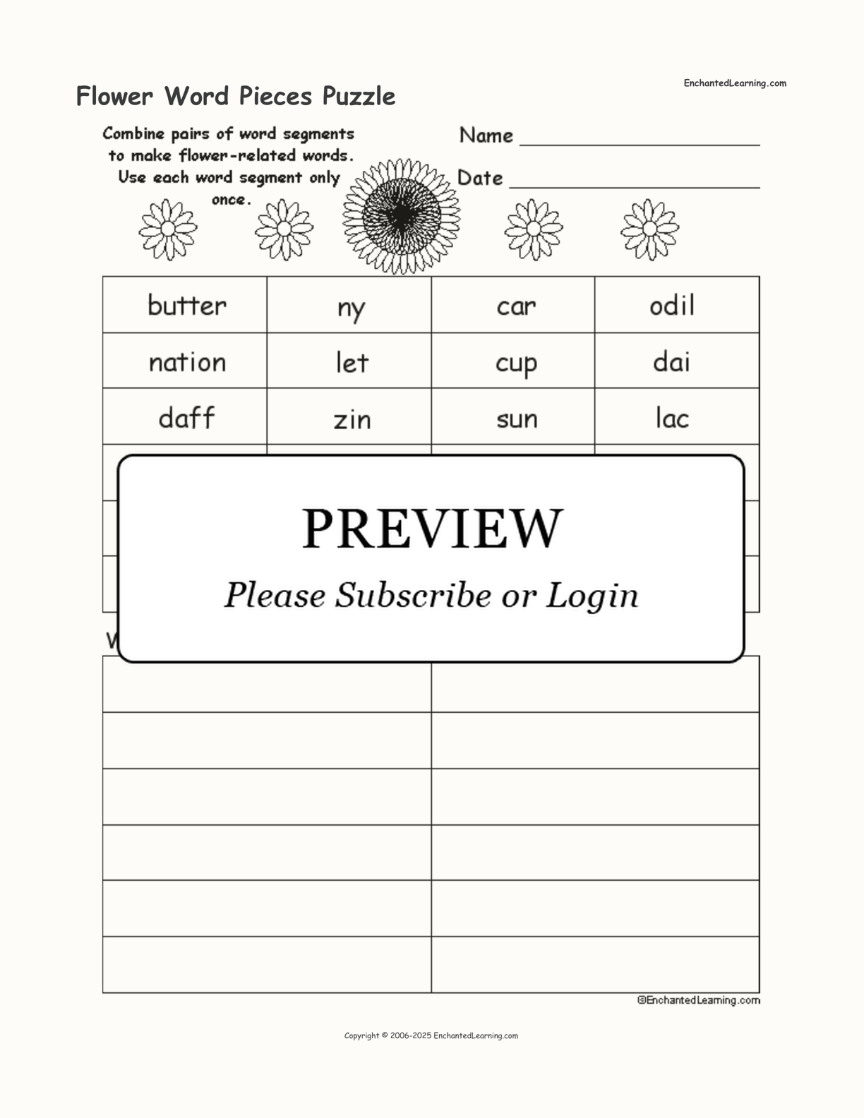 Flower Word Pieces Puzzle interactive worksheet page 1