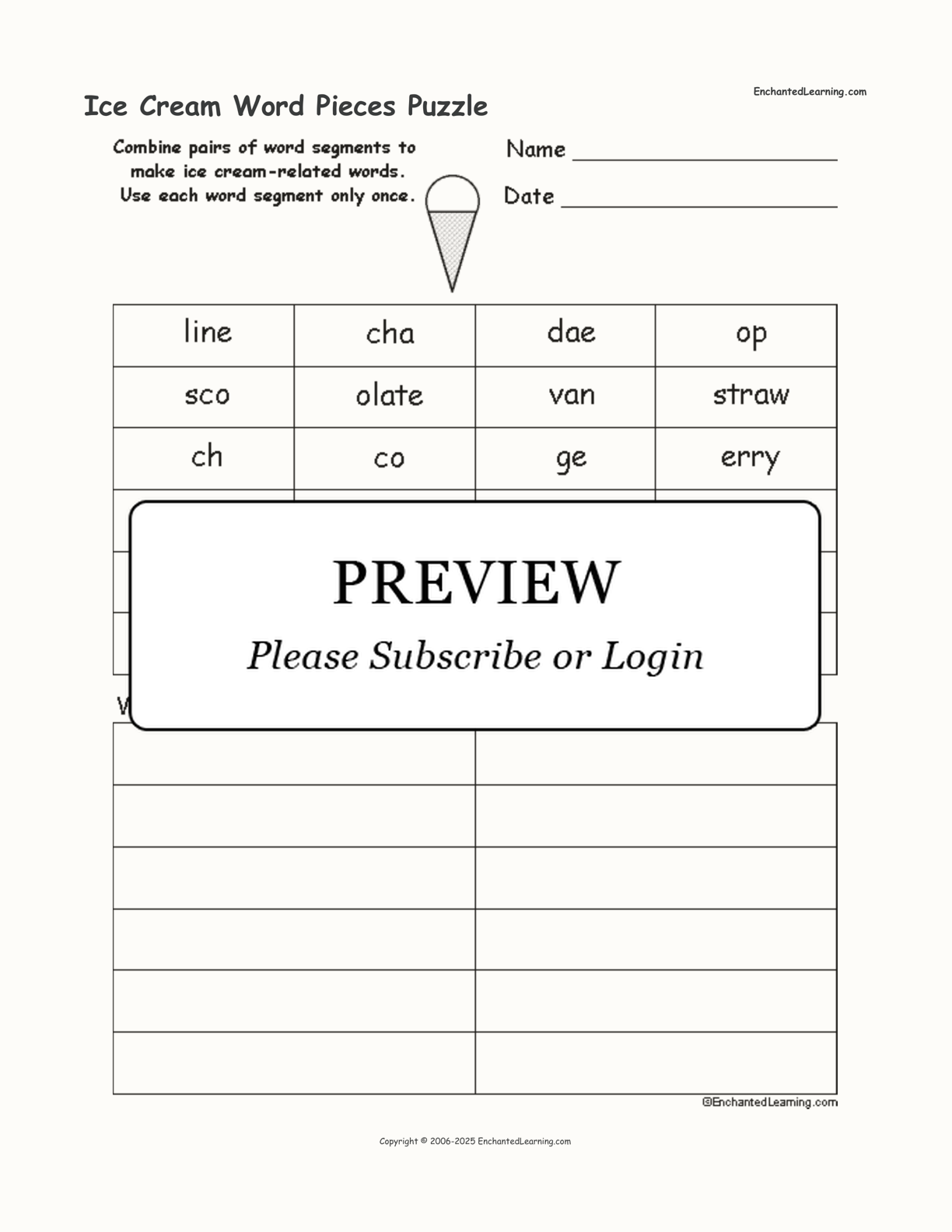 Ice Cream Word Pieces Puzzle interactive worksheet page 1