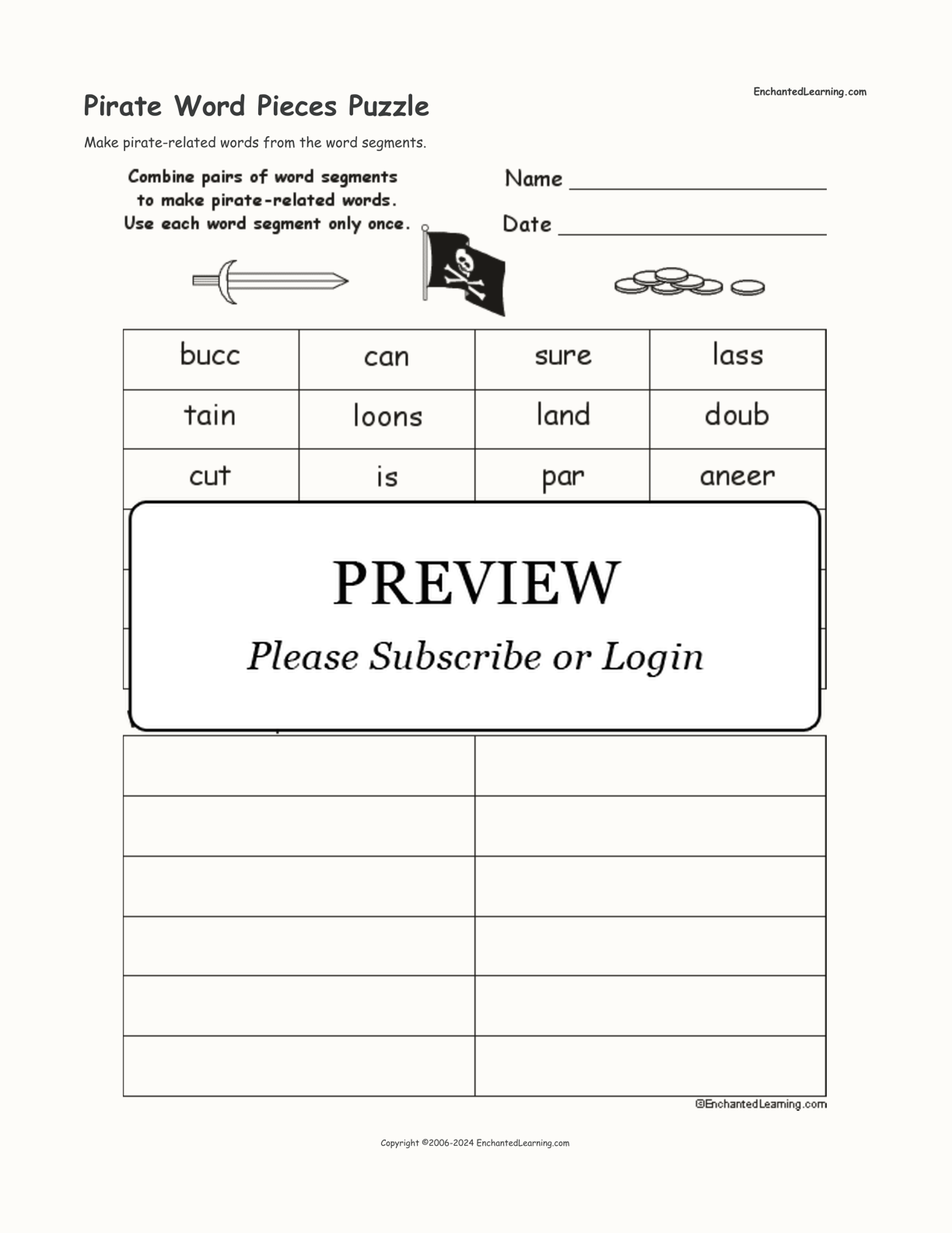 Pirate Word Pieces Puzzle interactive worksheet page 1