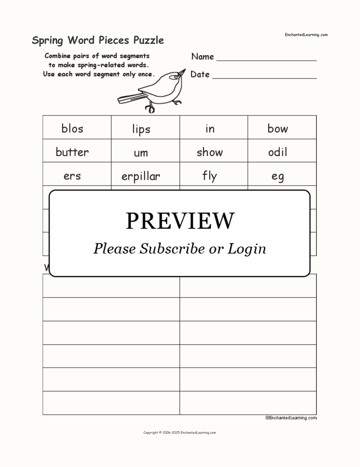 Spring Word Pieces Puzzle interactive worksheet page 1