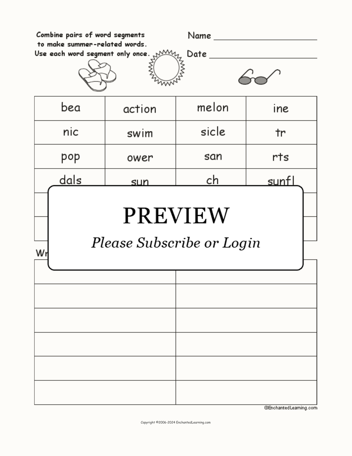 Summer Word Pieces Puzzle interactive worksheet page 1