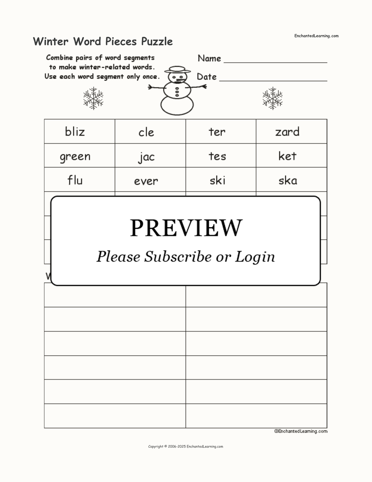 Winter Word Pieces Puzzle interactive worksheet page 1